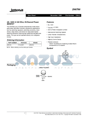 2N6796 datasheet - 8A, 100V, 0.180 Ohm, N-Channel Power MOSFET