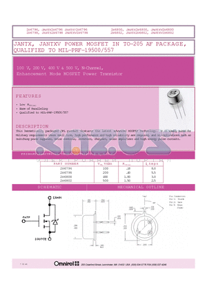 2N6796 datasheet - 100 V, 200 V, 400 V & 500 V, N-Channel, Enhancement Mode MOSFET Power Transistor