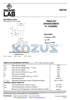 2N6796 datasheet - TMOS FET ENHANCEMENT N - CHANNEL