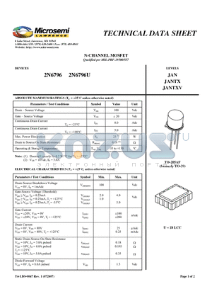 2N6796U datasheet - N-CHANNEL MOSFET