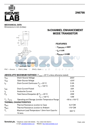 2N6798 datasheet - N-CHANNEL ENHANCEMENT MODE TRANSISTOR