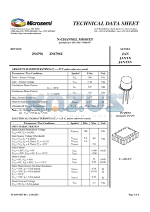 2N6796U datasheet - N-CHANNEL MOSFET