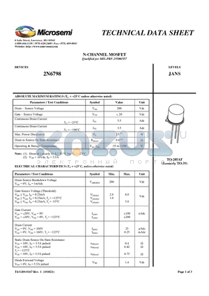 2N6798 datasheet - N-CHANNEL MOSFET