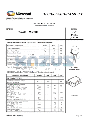2N6800U datasheet - N-CHANNEL MOSFET