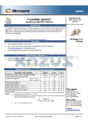 2N6804_12 datasheet - This 2N6804 switching transistor is military qualified up to the JANTXV level for high-reliability applications.