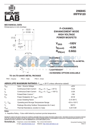 2N6845 datasheet - P-CHANNEL ENHANCEMENT MODE HIGH VOLTAGE POWER MOSFETS