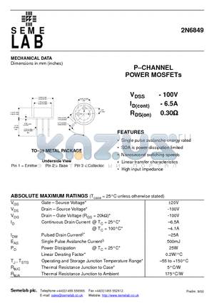 2N6849 datasheet - P.CHANNEL POWER MOSFETs