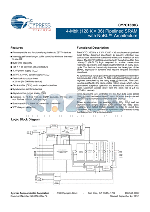 CY7C1350G-200AXI datasheet - 4-Mbit (128 K  36) Pipelined SRAM with NoBL Architecture