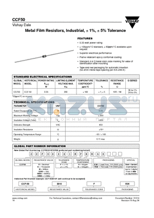 CCF50 datasheet - Metal Film Resistors, Industrial, a 1%, a 5% Tolerance