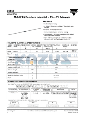 CCF50301RFKR36 datasheet - Metal Film Resistors, Industrial, a 1%, a 5% Tolerance