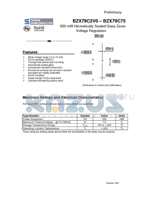 BZX79C4V3 datasheet - 500 mW Hermetically Sealed Glass Zener Voltage Regulators