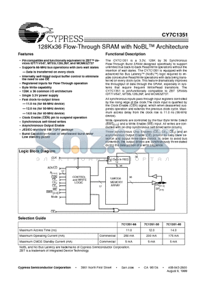 CY7C1351-50AC datasheet - 128Kx36 Flow-Through SRAM with NoBL TM Architecture