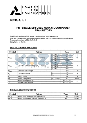 BD246B datasheet - PNP SINGLE-DIFFUSED MESA SILICON POWER TRANSISTORS