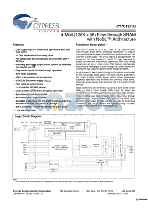 CY7C1351G-100BGXI datasheet - 4-Mbit (128K x 36) Flow-through SRAM with NoBL Architecture