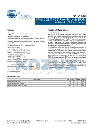 CY7C1351G_12 datasheet - 4-Mbit (128 K  36) Flow-Through SRAM with NoBL Architecture