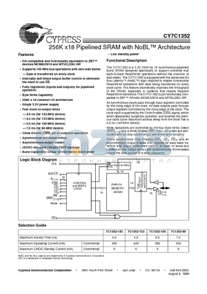 CY7C1352 datasheet - 256K x18 Pipelined SRAM with NoBL Architecture