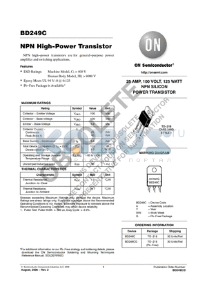 BD249C datasheet - NPN High−Power Transistor