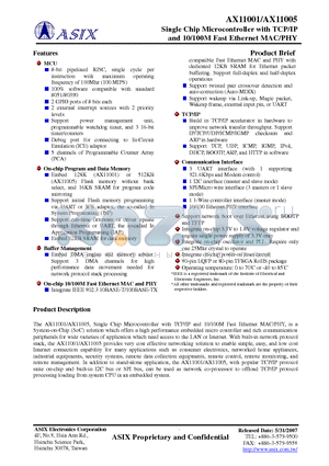 AX11005 datasheet - Single Chip Microcontroller with TCP/IP and 10/100M Fast Ethernet MAC/PHY