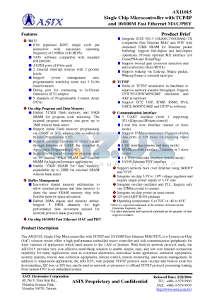 AX11015 datasheet - Single Chip Microcontroller with TCP/IP and 10/100M Fast Ethernet MAC/PHY