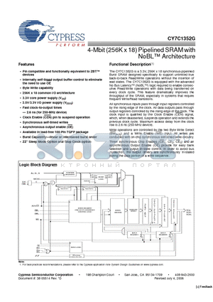 CY7C1352G-133AXI datasheet - 4-Mbit (256K x 18) Pipelined SRAM with NoBL Architecture