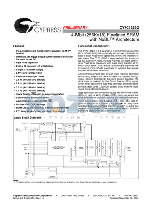 CY7C1352G datasheet - 4-Mbit (256Kx18) Pipelined SRAM with NoBL Architecture