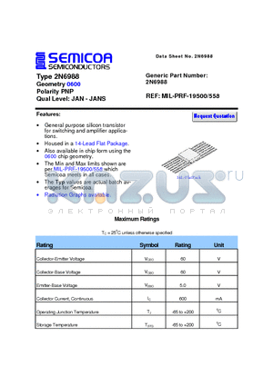 2N6988 datasheet - Type 2N6988 Geometry 0600 Polarity PNP