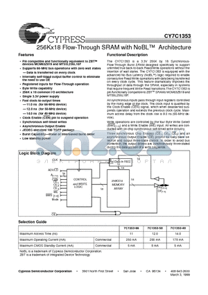 CY7C1353-66AC datasheet - 256Kx18 Flow-Through SRAM with NoBL Architecture