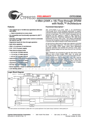 CY7C1353G-100AXC datasheet - 4-Mbit (256K x 18) Flow-through SRAM with NoBL Architecture