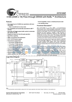 CY7C1353F-66AI datasheet - 4-Mb (256K x 18) Flow-through SRAM with NoBL Architecture