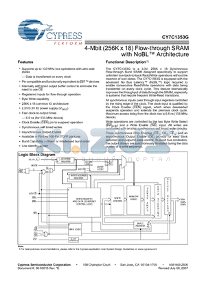 CY7C1353G-133AXI datasheet - 4-Mbit (256K x 18) Flow-through SRAM with NoBL Architecture