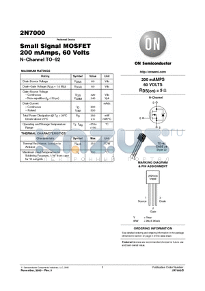 2N7000 datasheet - Small Signal MOSFET 200 mAmps, 60 Volts N-Channel TO-92