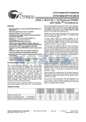 CY7C1354A-166ACI datasheet - 256K x 36/512K x 18 Pipelined SRAM with NoBL Architecture