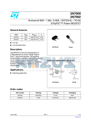 2N7000 datasheet - N-channel 60V - 1.8ohm - 0.35A - SOT23-3L / TO-92 STripFET Power MOSFET