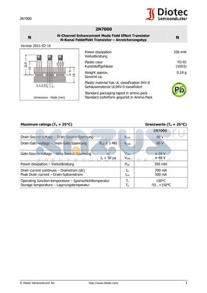 2N7000 datasheet - N-Channel Enhancement Mode Field Effect Transistor