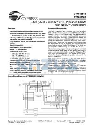 CY7C1354B-166AI datasheet - 9-Mb (256K x 36/512K x 18) Pipelined SRAM with NoBL Architecture