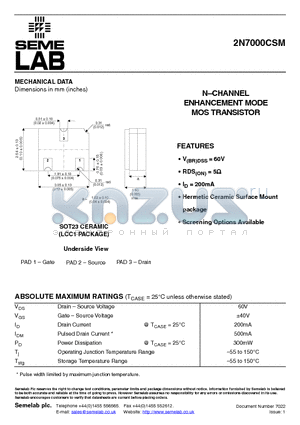 2N7000CSM datasheet - NCHANNEL ENHANCEMENT MODE MOS TRANSISTOR