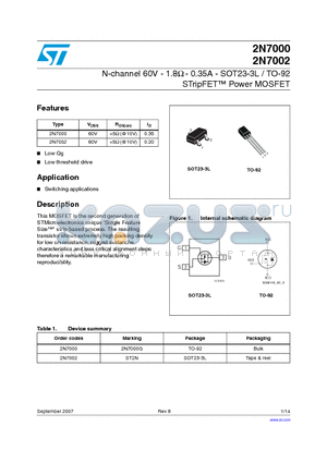 2N7000 datasheet - N-channel 60V - 1.8Y - 0.35A - SOT23-3L / TO-92 STripFET Power MOSFET