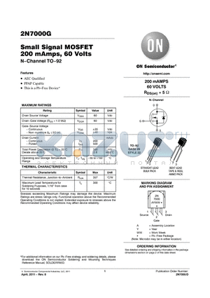 2N7000G_11 datasheet - Small Signal MOSFET 200 mAmps, 60 Volts N.Channel TO.92