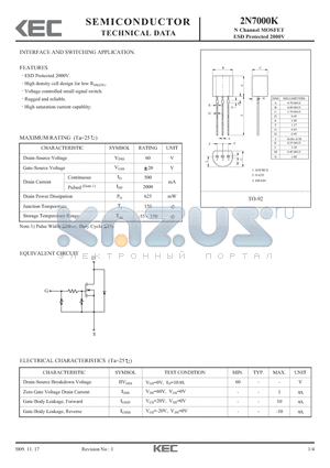 2N7000K datasheet - N Channel MOSFET ESD Protected 2000V