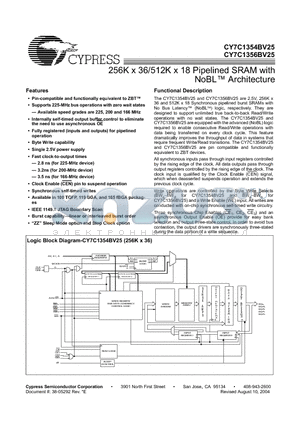 CY7C1354BV25-225 datasheet - 256K x 36/512K x 18 Pipelined SRAM with NoBL Architecture