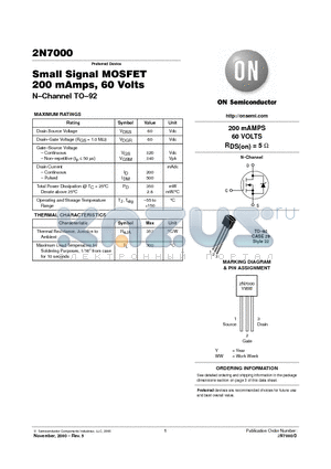 2N7000RLRA datasheet - Small Signal MOSFET 200 mAmps, 60 Volts N-Channel TO-92