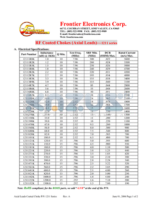 1211101K datasheet - RF Coated Chokes (Axial Leads)