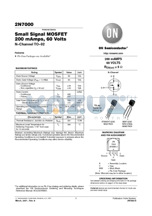 2N7000RLRP datasheet - Small Signal MOSFET 200 mAmps, 60 Volts N−Channel TO−92 200 mAMPS 60 VOLTS