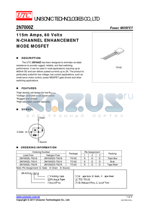2N7000ZG-T92-B datasheet - 115m Amps, 60 Volts N-CHANNEL ENHANCEMENT MODE MOSFET
