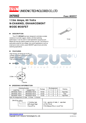 2N7000ZG-T92-R datasheet - 115m Amps, 60 Volts N-CHANNEL ENHANCEMENT MODE MOSFET