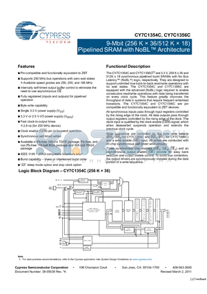 CY7C1354C-166AXC datasheet - 9-Mbit (256 K  36/512 K  18) Pipelined SRAM with NoBL Architecture