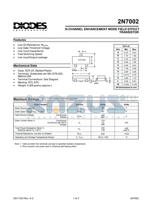 2N7002 datasheet - N-CHANNEL ENHANCEMENT MODE FIELD EFFECT TRANSISTOR