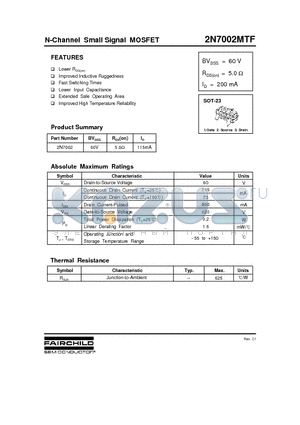 2N7002 datasheet - N-Channel Small Signal MOSFET