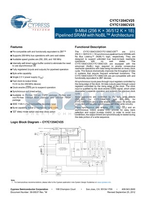 CY7C1354CV25-166AXC datasheet - 9-Mbit (256 K  36/512 K  18) Pipelined SRAM with NoBL Architecture