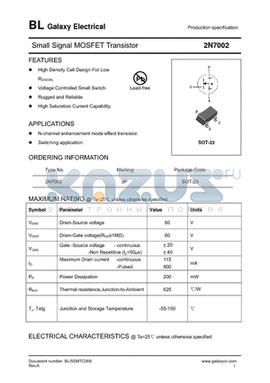 2N7002 datasheet - Small Signal MOSFET Transistor